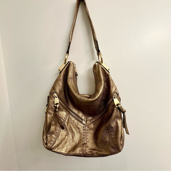 B. Makowsky Metallic Dark Gold 100% Leather Hobo Shoulder Bag - Picture 5 of 10
